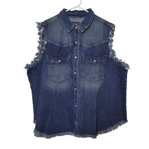 Alivia Ford Womens Distressed Denim Sleeveless Button-Up Shirt Size 3X With Fray